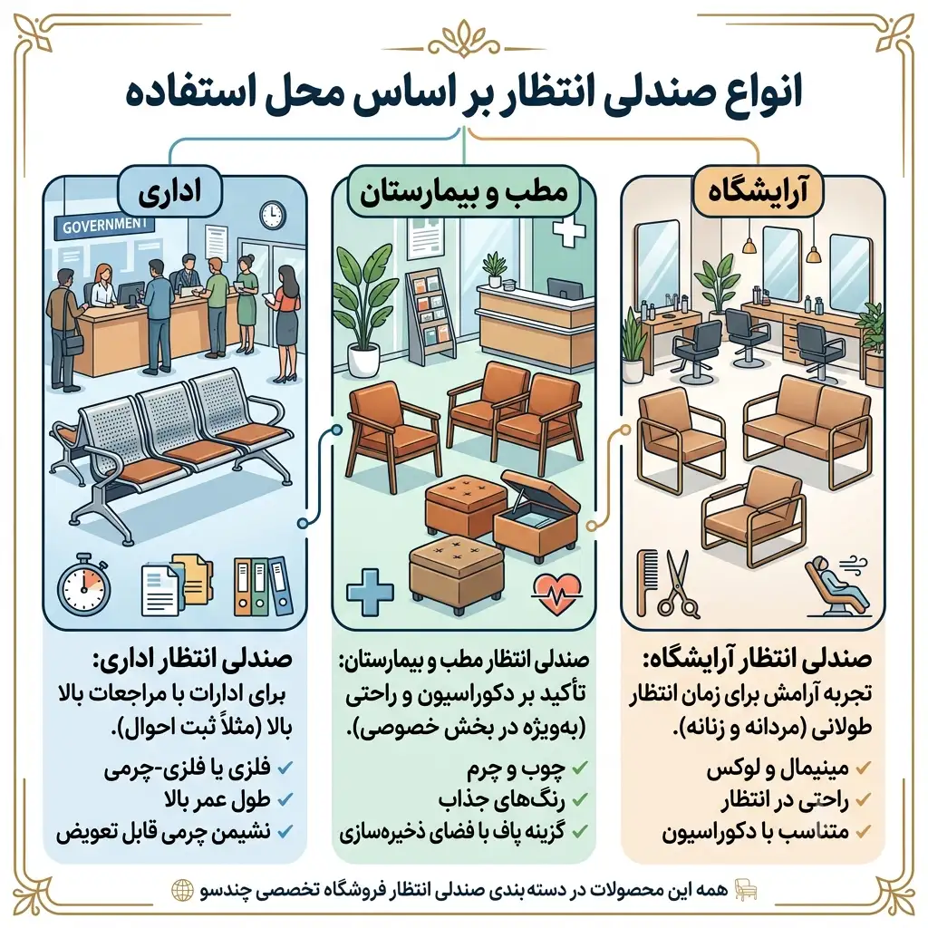 این محل استفاده صندلی انتظار است که تایین می کند صندلی انتظار شیک باشد، صندلی انتظار مدرن باشد، صندلی انتظار پلاستیکی باشد، صندلی انتظار فلزی باشد، صندلی انتظار دونفره، سه نفره یا چهارنفره باشد، صندلی انتظار چرمی باشد و یا صندلی انتظار استیل باشد.