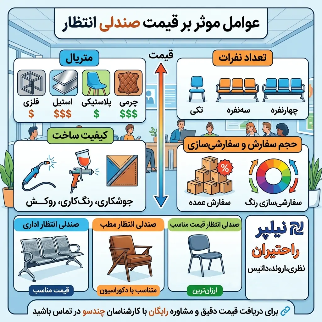 قیمت صندلی انتظار به عوامل متعددی بستگی دارد؛ از جمله نوع متریال به‌کاررفته (فلزی، استیل، چرمی یا پلاستیکی)، تعداد نفرات (تکی، سه‌نفره یا چهارنفره)، کیفیت جوشکاری و رنگ‌کاری بدنه، نوع روکش نشیمن‌گاه، برند تولیدکننده و همچنین حجم سفارش.
