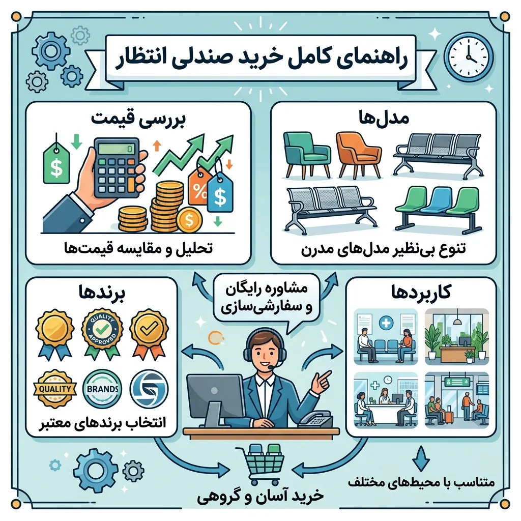 راهنمای کامل خرید صندلی انتظار شامل بررسی قیمت، انواع مدل‌ها، برندهای معتبر، کاربرد صندلی انتظار در مطب، بیمارستان، اداره و شرکت، همراه با مشاوره خرید و سفارشی‌سازی.